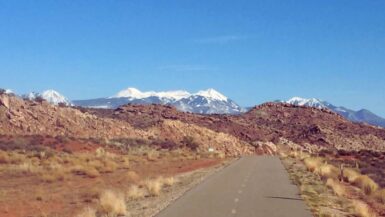 Moab Canyon Bike path with a view of the La Sal mountains