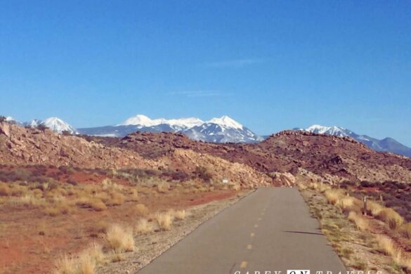 Moab Canyon Bike path with a view of the La Sal mountains