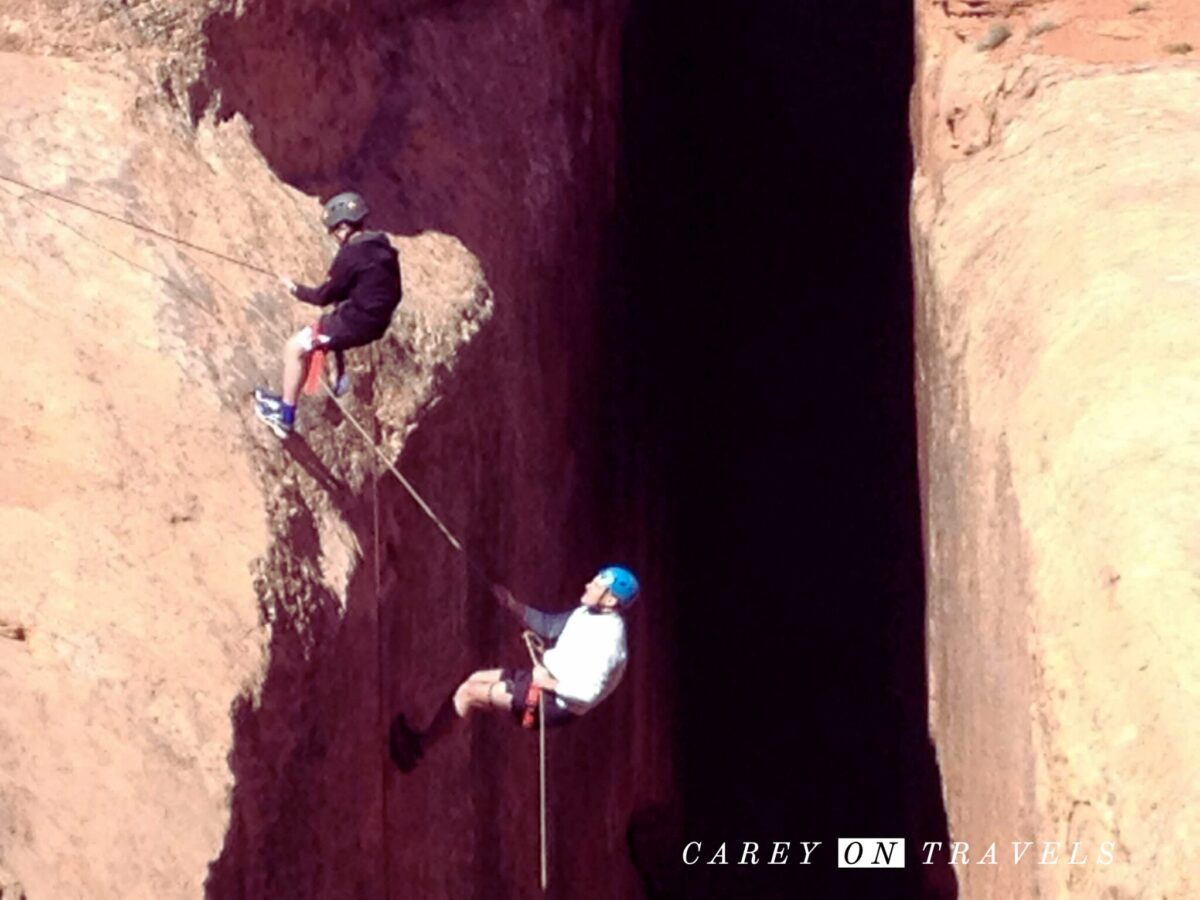 Rappelling down Morning Glory Arch in Grandstaff Canyon