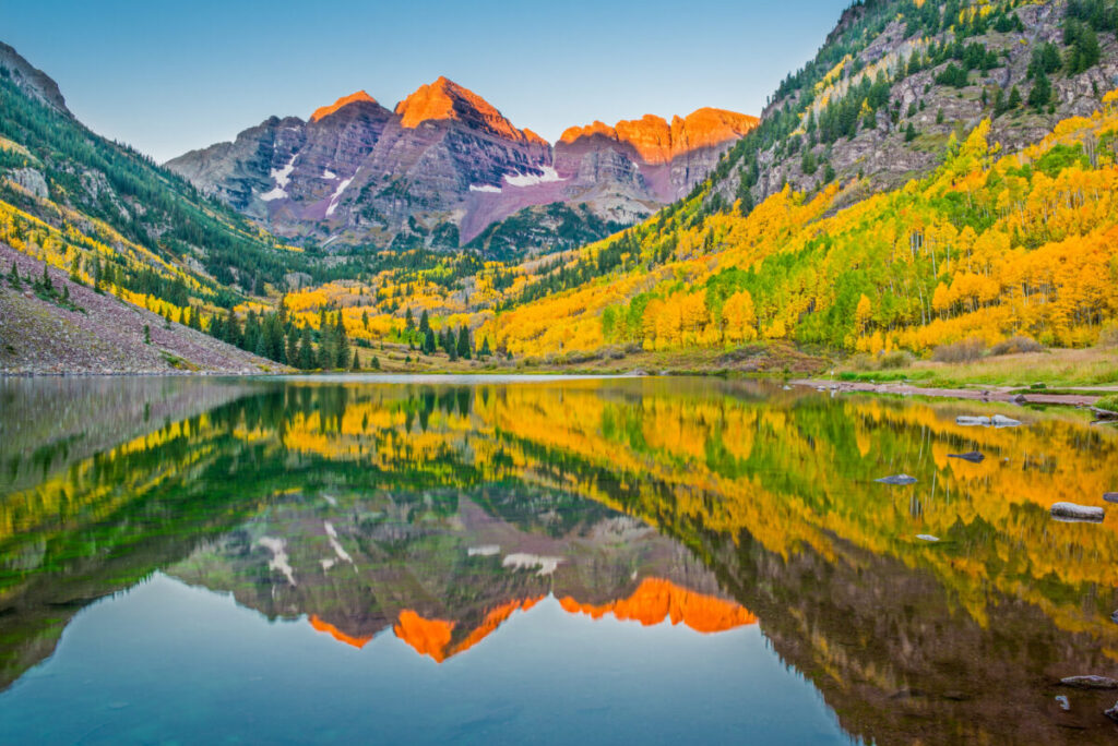 Fall foliage at the Maroon Bells in Aspen, Colorado. Photo credit Aspen Chamber Resort Association