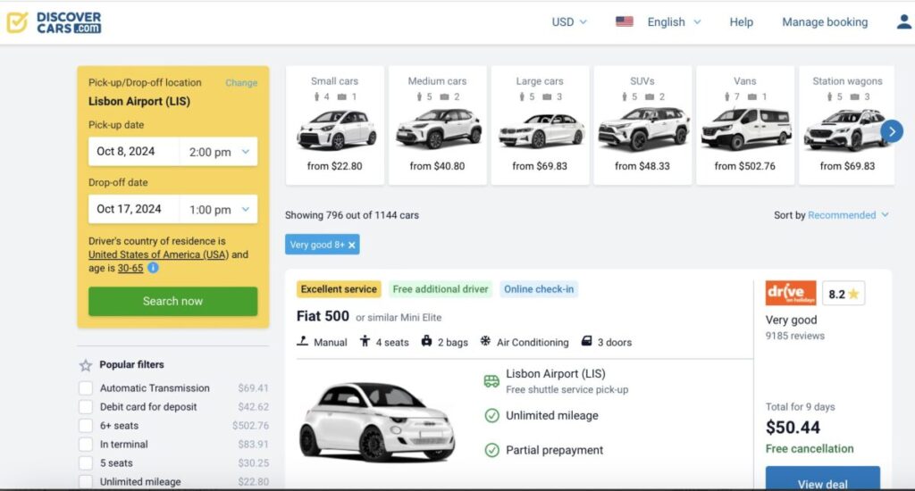 Lisbon car rental search screen example on Discovercars.com