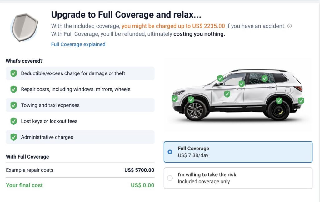 Optional full coverage insurance example Discovercars.com