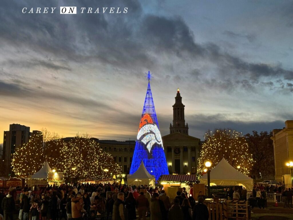 Denver's Mile High Tree Lit up in Denver Broncos colors