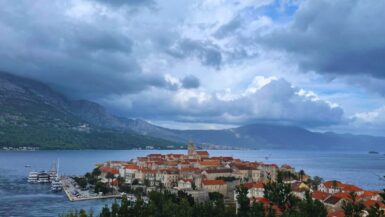 View of Korčula old town from the path to the Forteca