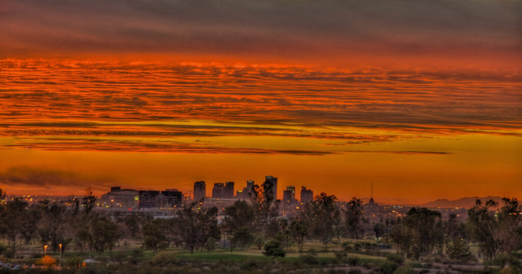 Sunset from Papago Park, Phoenix, photo credit John Fowler via Wikimedia Commons