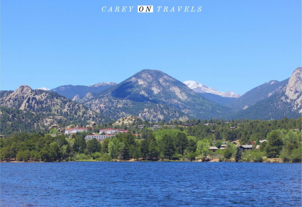 View over Lakes Estes towards the Stanley Hotel Estes Park